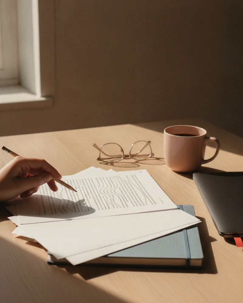 A hand holding a pencil over a printed draft on a sunlit oak desk, with reading glasses, a ceramic mug and a closed laptop alongside