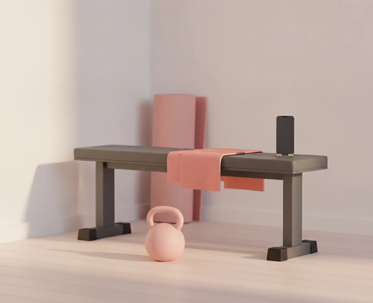A home gym corner with a matte charcoal weight bench, a coral towel folded over one end, an unmarked kettlebell on the wooden floor, a rolled blush mat against the wall and a phone with a blank screen on a small stand