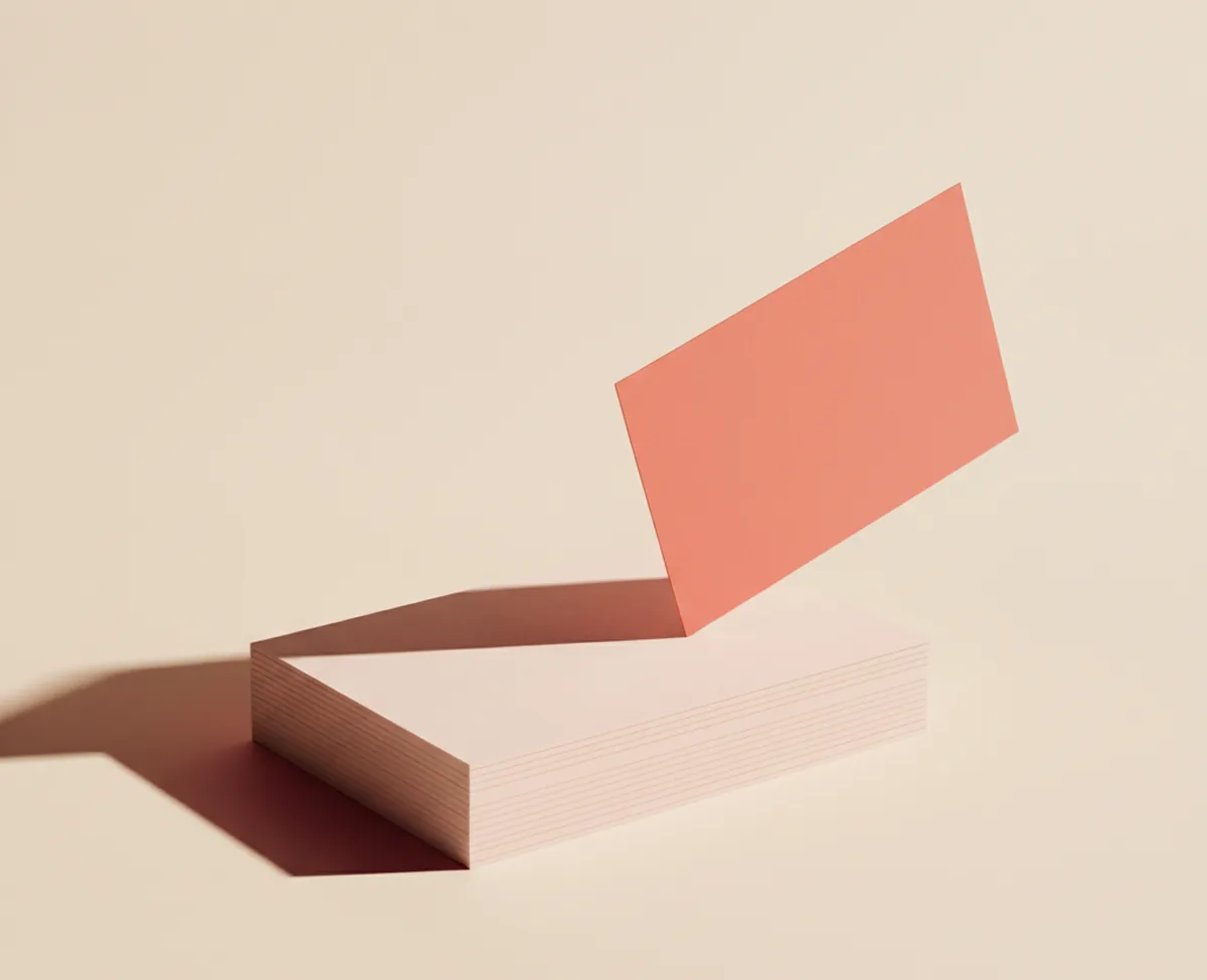 A coral card lifting up and away from a neat stack of blank blush cards on a warm off-white surface, a long soft shadow falling to the left