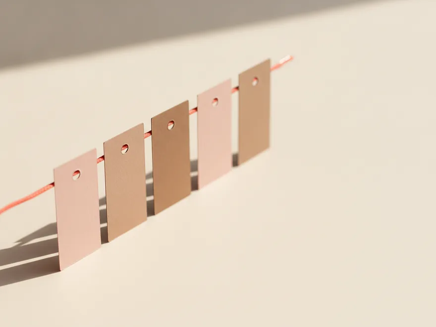 Five small cards in blush and clay tones standing in a row on a warm off-white surface, threaded onto a single coral cord that passes through a punched hole in each one