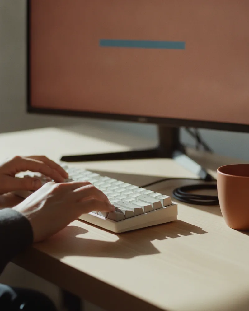 Hands on a low-profile keyboard on a sunlit oak desk, a second monitor glowing warm out of focus behind and a ceramic mug at the edge of frame