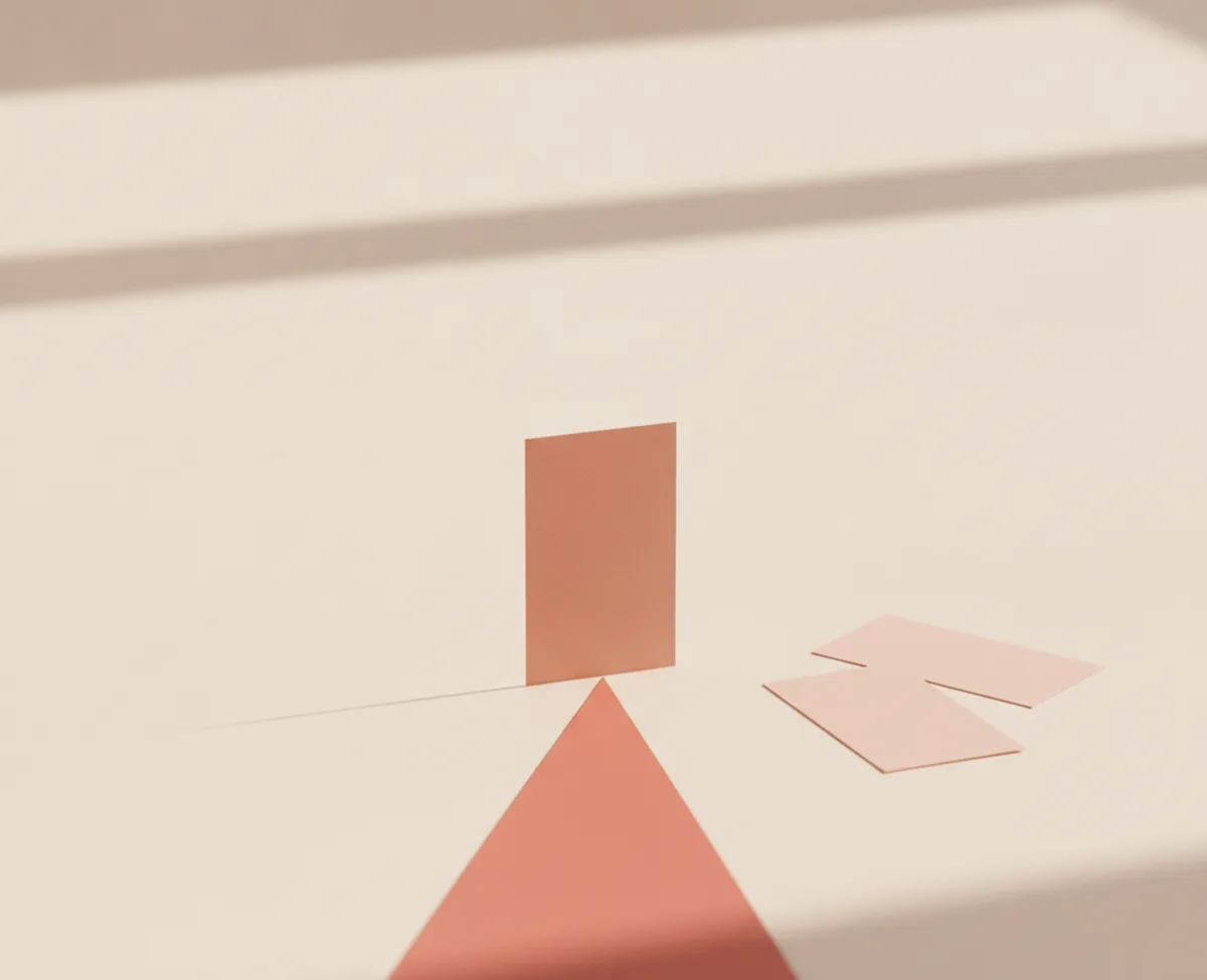 A coral wedge narrowing across a warm off-white floor to a single upright card standing at its point, with two blank blush cards lying discarded to one side