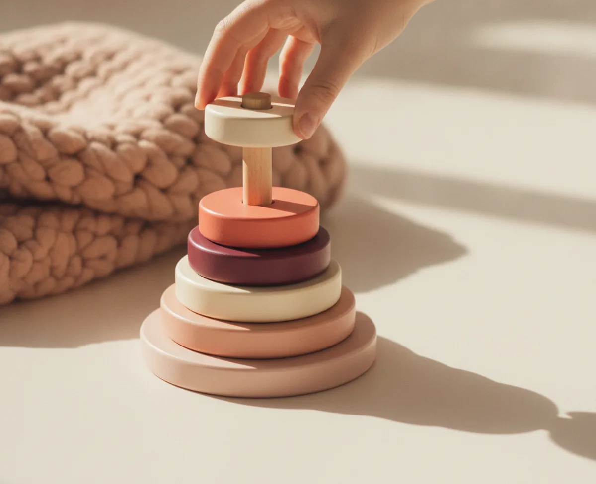 A wooden stacking-ring toy on a pale floor with four matte rings already stacked in ascending size, one of them coral, and a hand lowering the next ring into place
