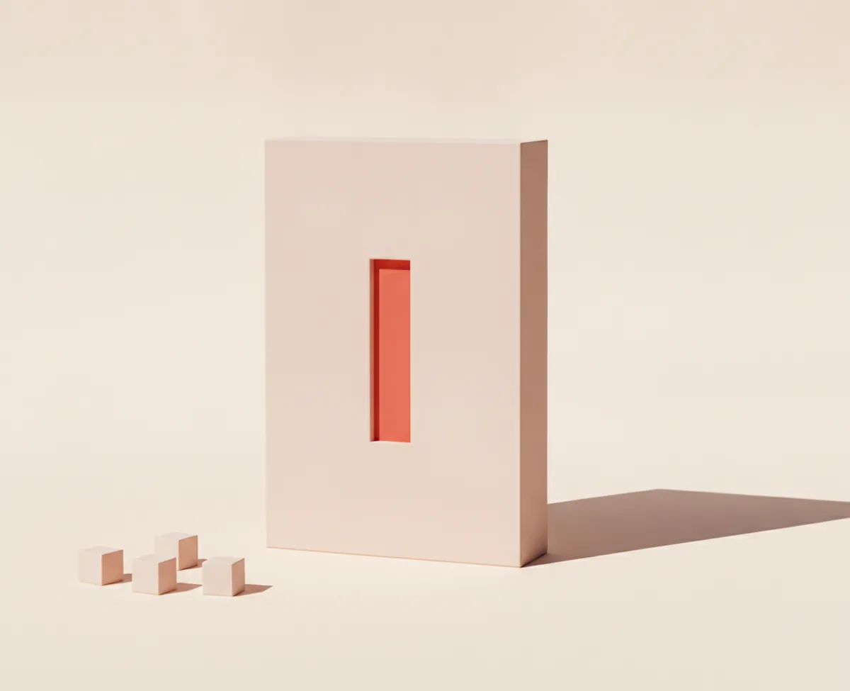 One large matte blush block standing on a warm off-white floor with a coral slot inset in its face, four small blank cubes grouped on the floor to its left and a long soft shadow to the right
