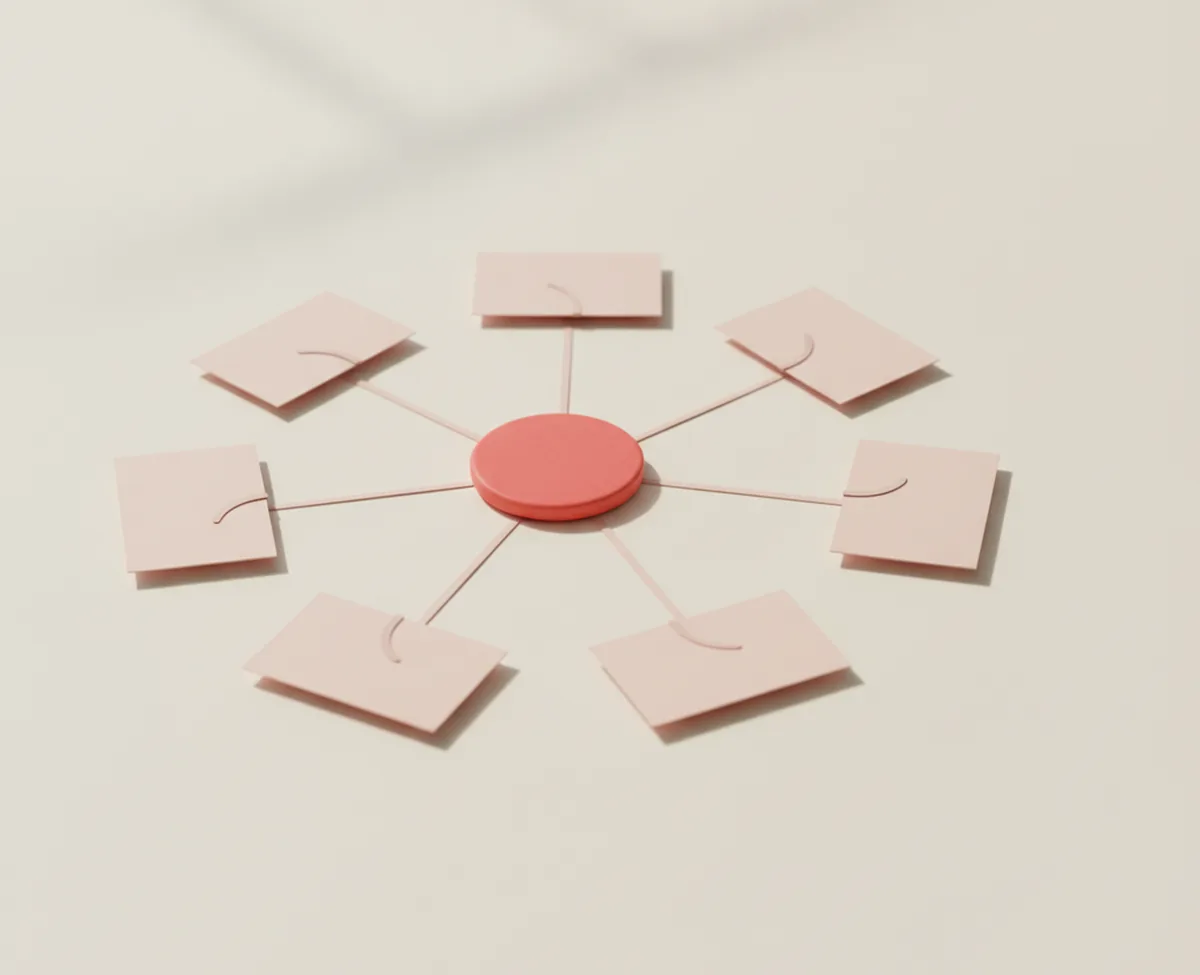 A coral disc at the centre of a warm off-white surface with eight blank blush cards arranged in a ring around it, thin pale lines running from each card in to the centre