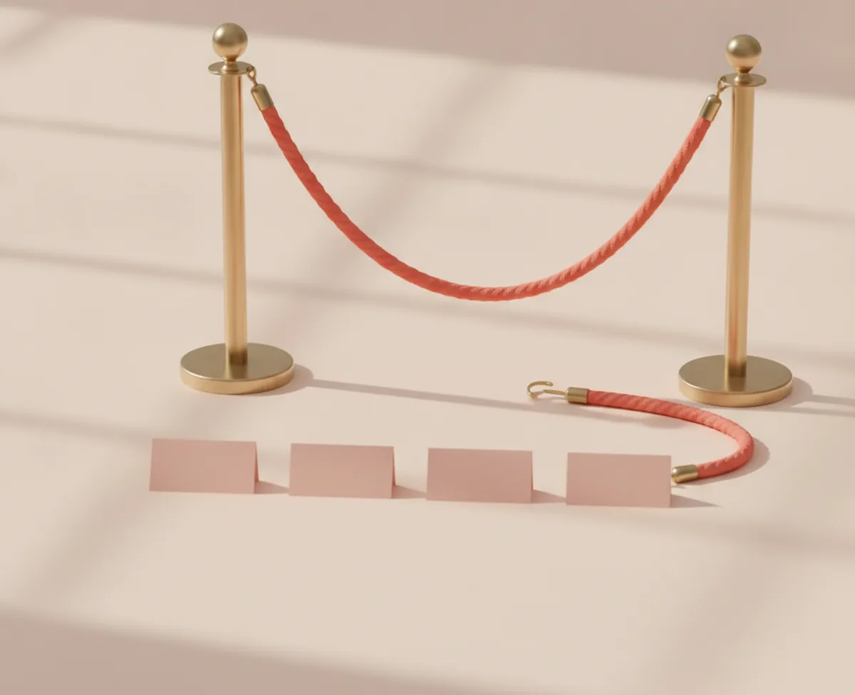 Two brass posts on a warm floor with a coral rope slung between them and a second rope unhooked and hanging open, four blank blush cards laid in a row beyond the gap