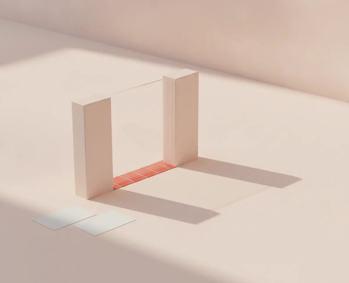 Two matte blush blocks standing apart on a warm off-white floor with an open gap between them, a coral tiled strip laid across the threshold and two blank cards resting on the floor to the left