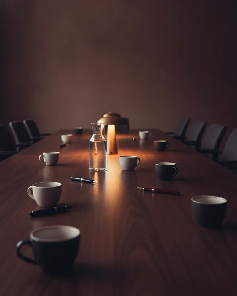 A long walnut meeting table after a client session, lit low and warm: emptied ceramic cups at each place, two fountain pens on the bare wood, a glass water carafe and a brass lamp glowing in the middle distance