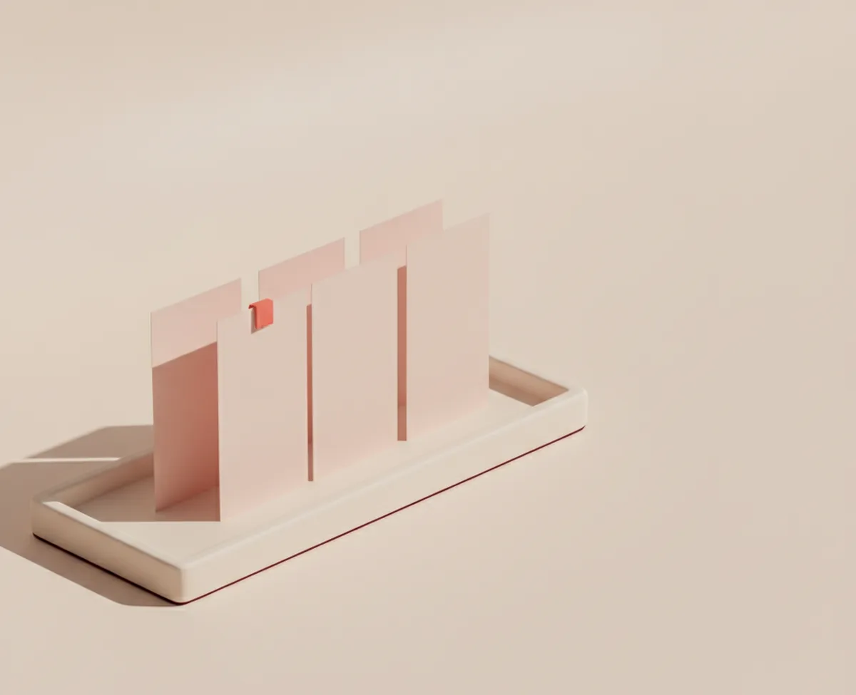 Five blank blush cards standing upright in a shallow tray on a warm off-white surface, one of them pulled forward and tagged with a small coral marker