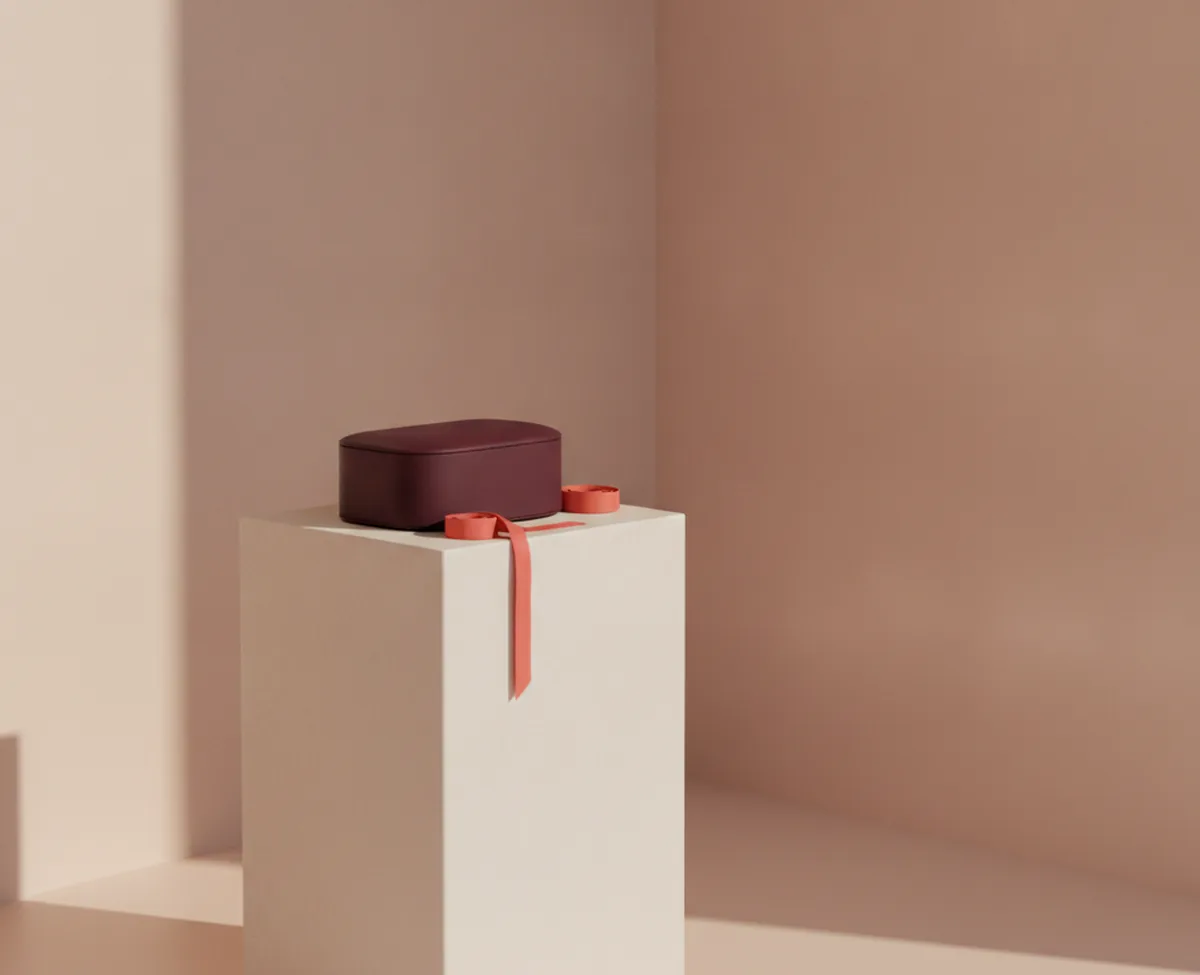 A plain deep burgundy leather box standing closed on a pale stone plinth in an empty room, a coral silk ribbon coiled beside it and one soft shaft of daylight crossing the wall