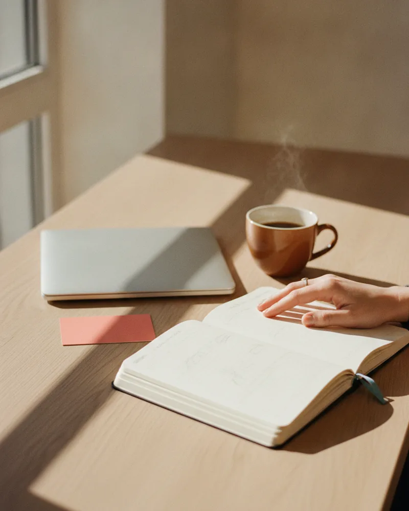Una mano apoyada sobre un cuaderno abierto junto a un portátil cerrado, una taza de café y una tarjeta color coral, sobre un escritorio de roble iluminado por el sol