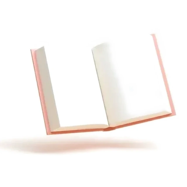 An open coral-bound book with blank cream pages, floating mid-air