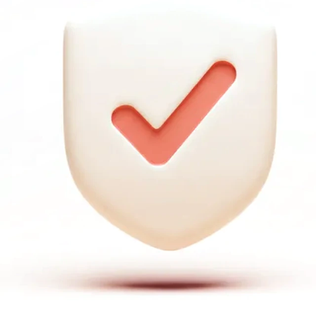 A rounded matte shield with a coral check mark embossed into its face