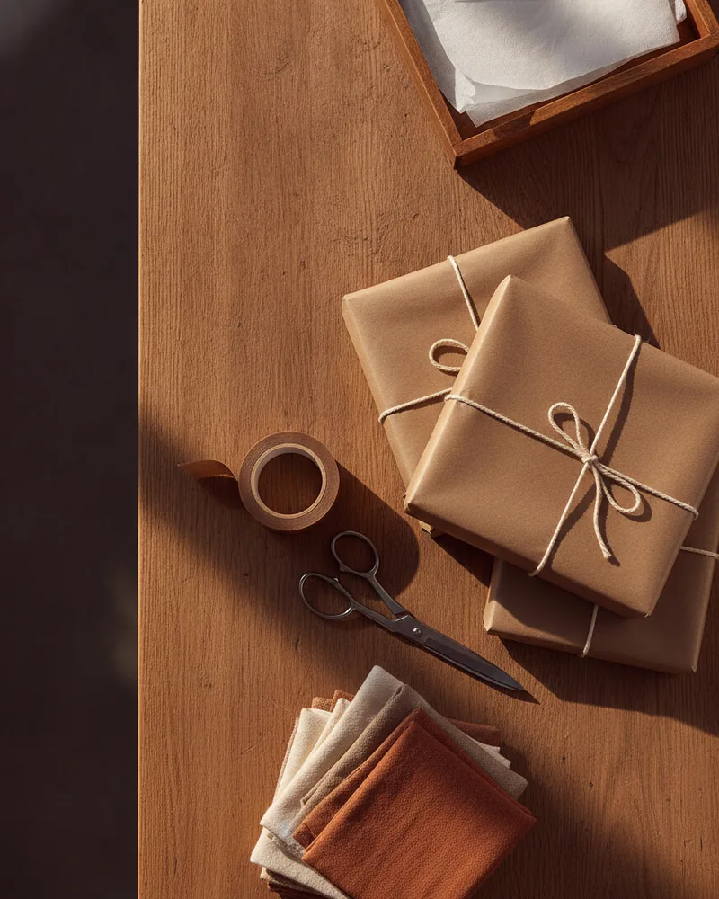 A retail packing bench seen from above: two kraft-paper parcels tied with cotton twine, a roll of tape, open scissors, a tray of tissue paper and a stack of folded fabric in warm neutral tones on oak
