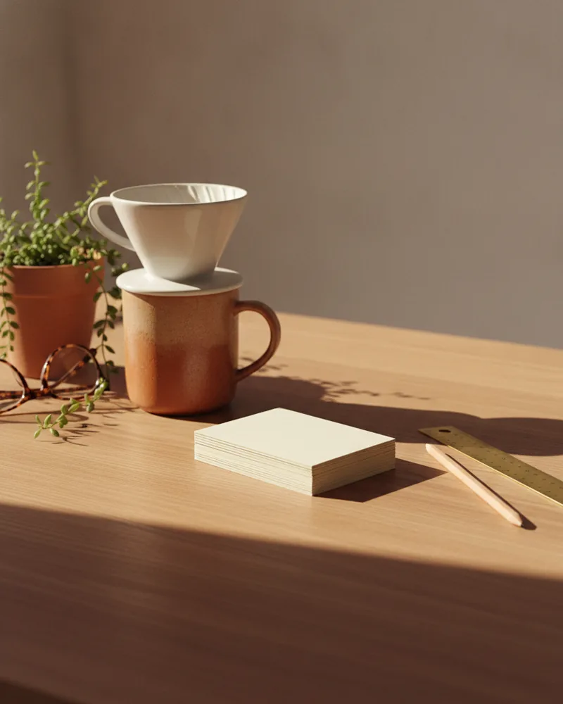 A sunlit pale oak desk holding a ceramic pour-over dripper on a terracotta mug, a small trailing plant in a clay pot, folded tortoiseshell glasses, a stack of blank cream index cards and a brass ruler beside two pencils