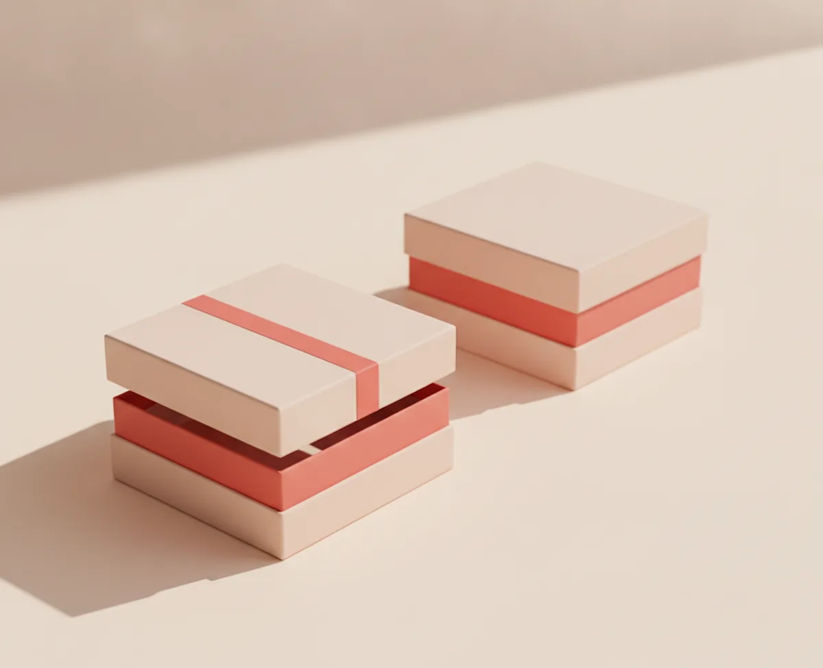 Two matte blush boxes with coral bands on a warm off-white surface, the nearer one with its lid lifted clear of the base and the second sitting behind it