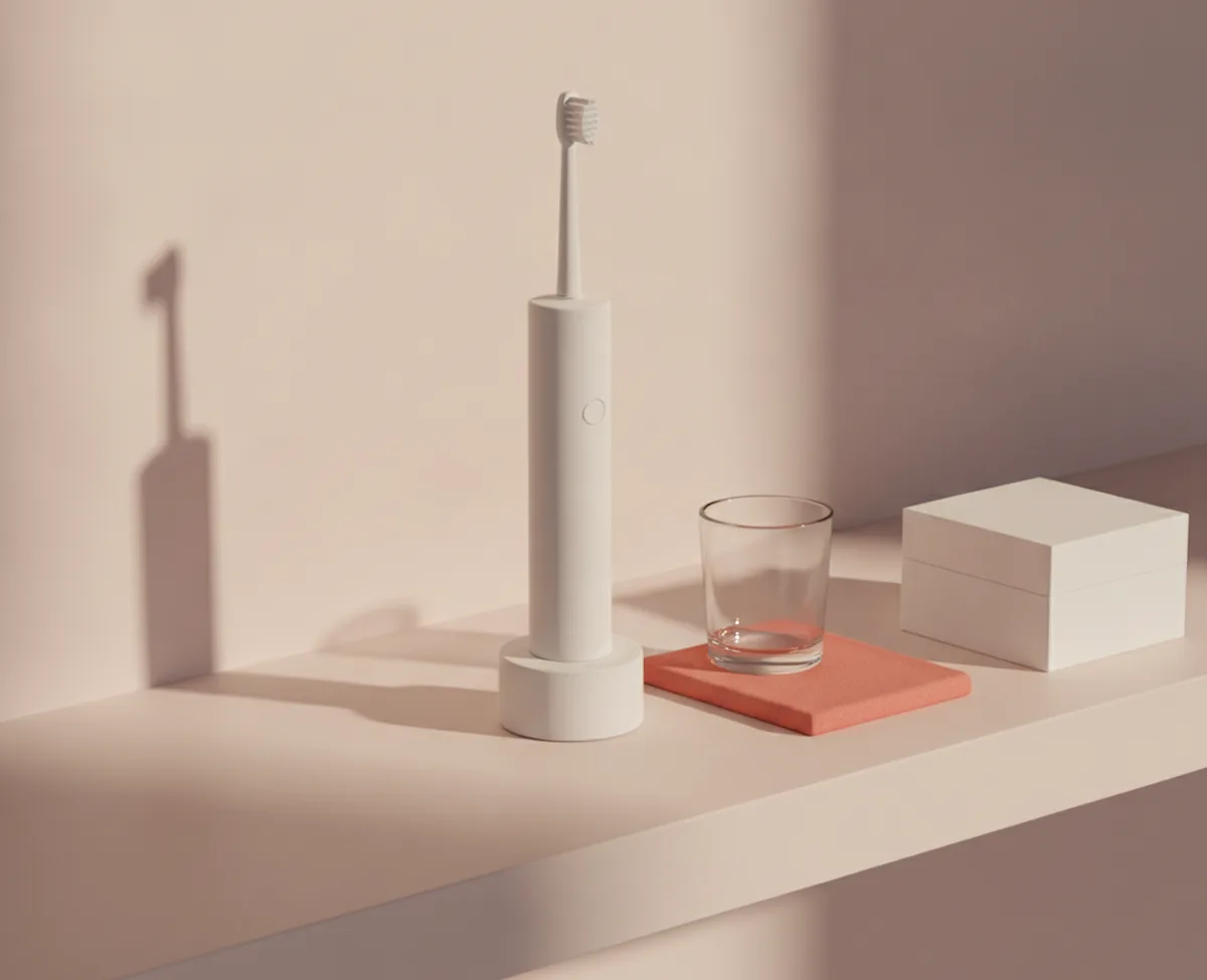 A pale stone bathroom shelf in warm light holding a plain white electric toothbrush on its charging base, a clear glass on a folded coral cloth and a small unmarked white box