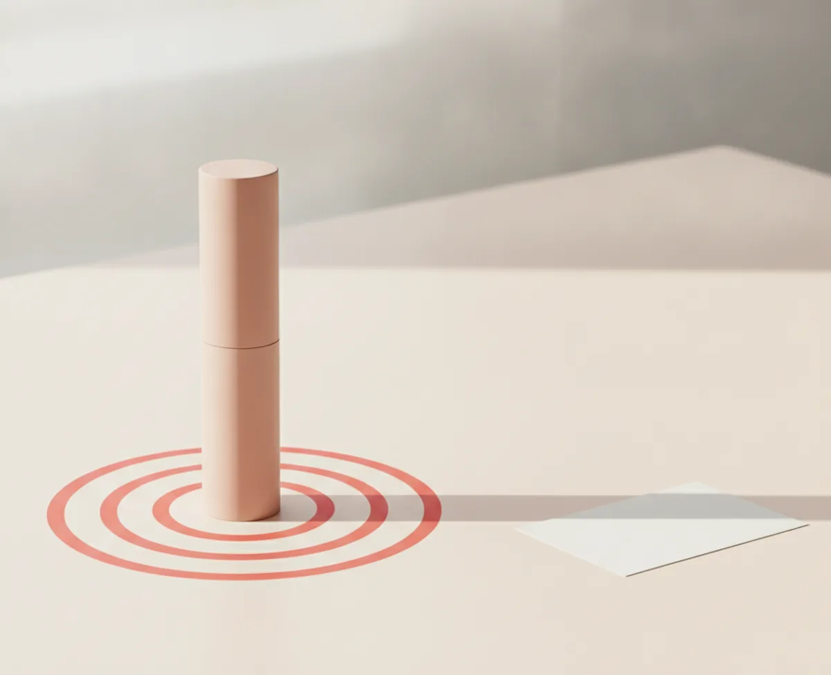 A slim blush cylinder standing on a warm off-white desk with three coral rings spreading outward across the surface from its base, and a single blank card lying to the right
