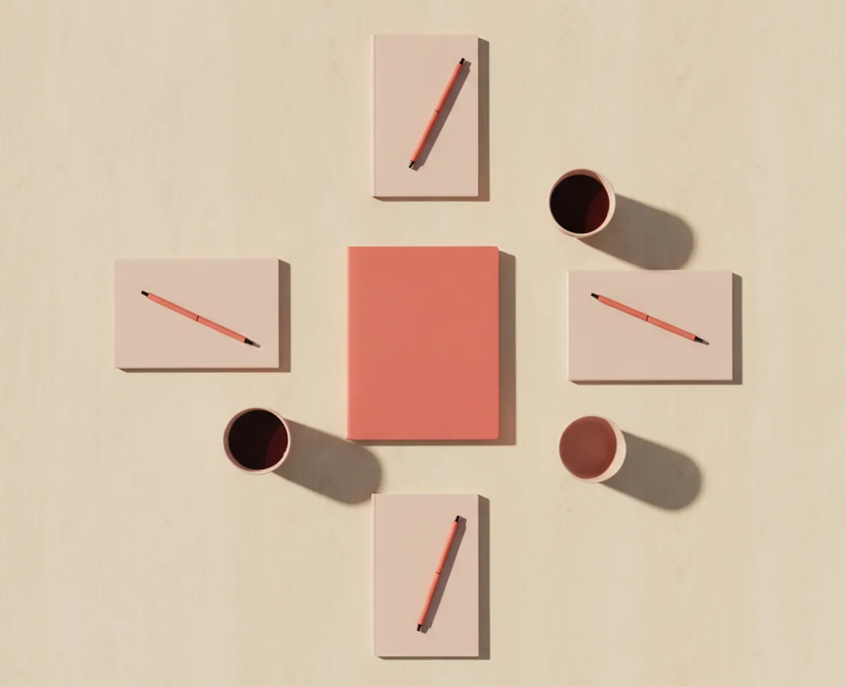 An overhead of a pale wooden meeting table with four places set around a single closed coral folder, each place a blush notepad with a coral pen across it and a small cup beside it