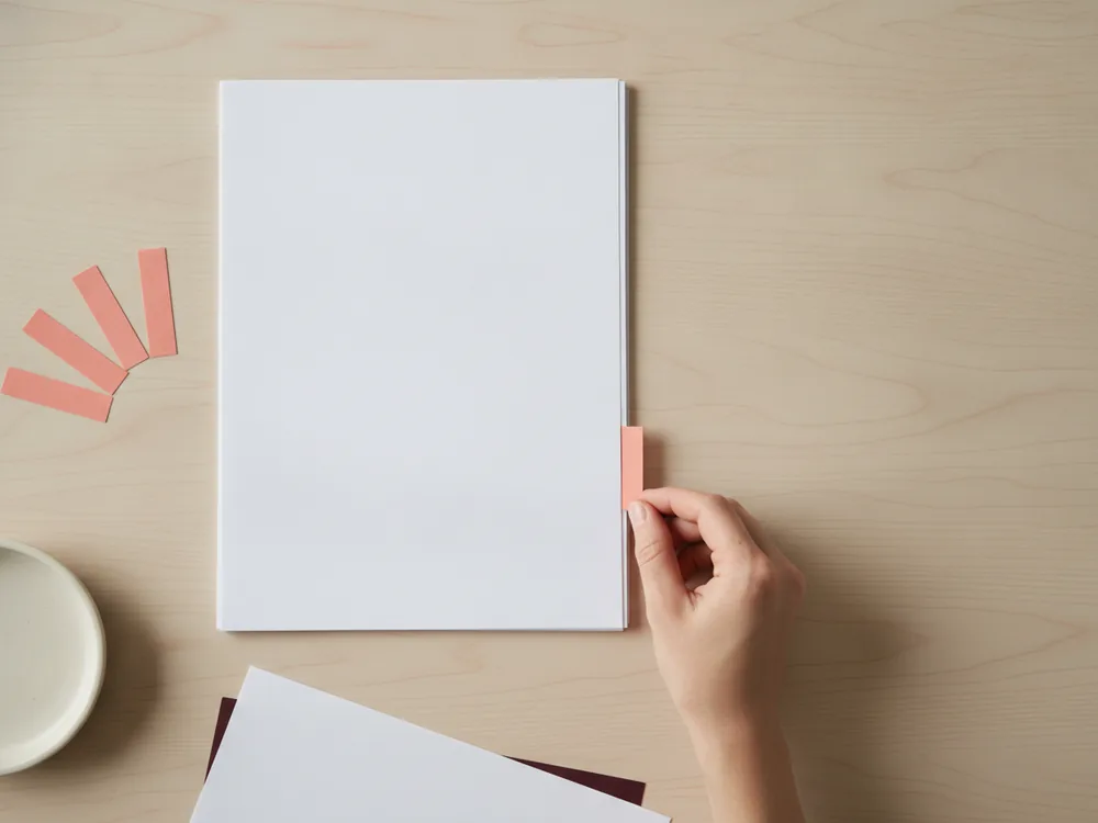 A hand pressing a coral paper tab onto the edge of a blank stack of printed pages, with three spare tabs fanned out beside it on a pale oak desk