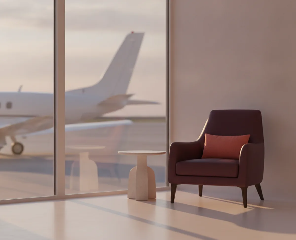 A deep burgundy armchair with a coral cushion beside a tall window in a quiet private terminal at dusk, with the plain unmarked white tail of a small jet out of focus on the apron outside