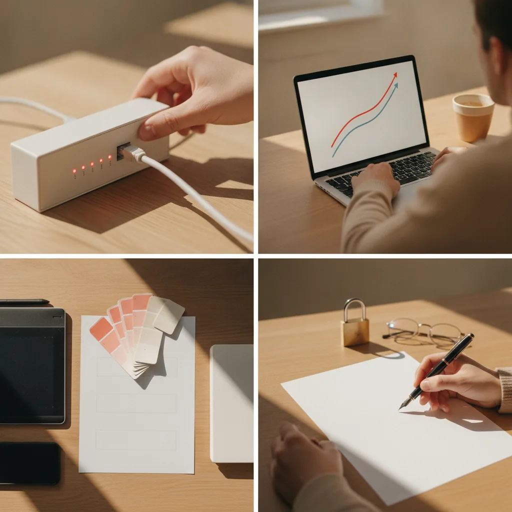 Four sunlit desk scenes in one square: a hand plugging a cable into a small white network switch, a person watching two rising lines on a laptop, a graphics tablet beside paper wireframes and coral colour swatches, and a hand with a fountain pen over blank paper next to a brass padlock and reading glasses