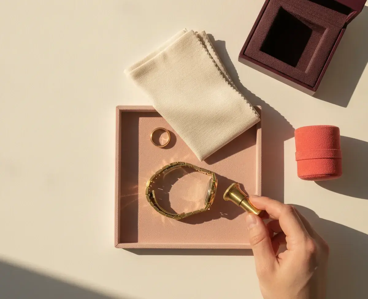 An overhead of a blush suede tray holding a coiled gold watch bracelet with the case turned face down, a plain gold band ring and a folded cloth, with a hand holding a brass jeweller's loupe above it