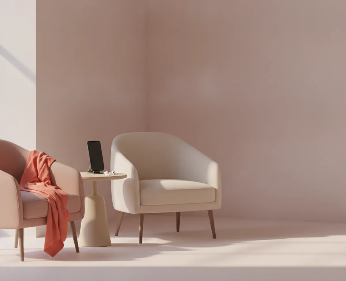 A calm empty room with two upholstered chairs turned towards each other, a coral throw over one arm, and a small side table holding a phone on a stand with a blank screen and a pair of earbuds