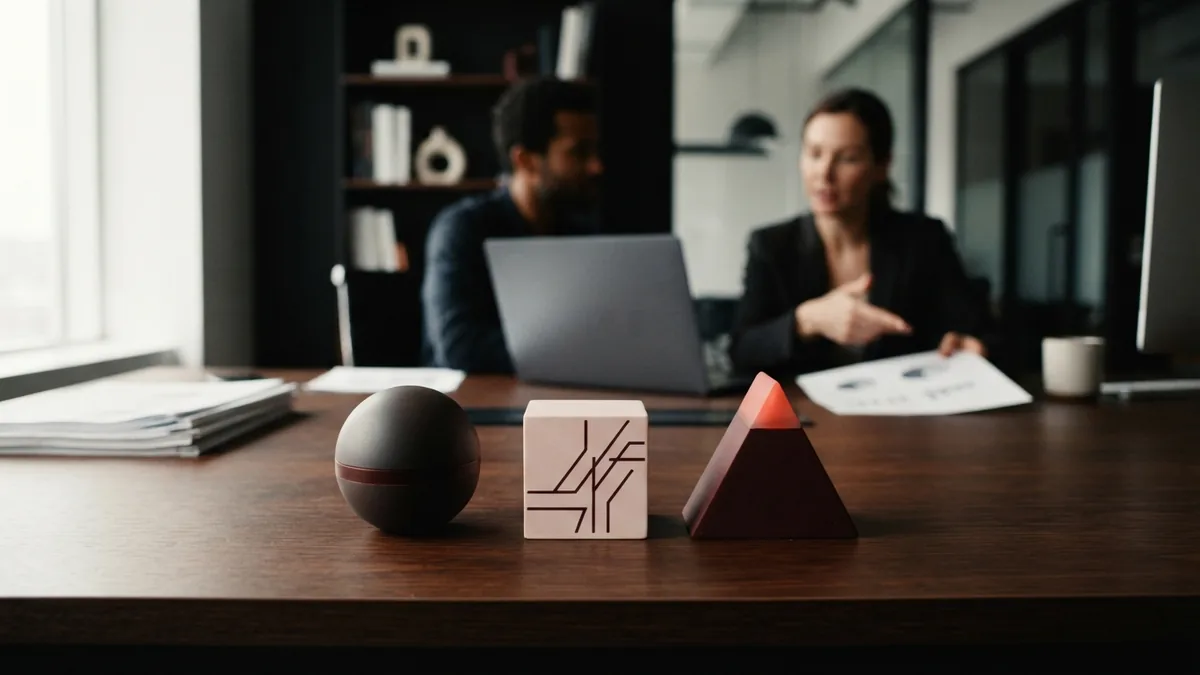 Three abstract forms representing different approaches to affiliate marketing