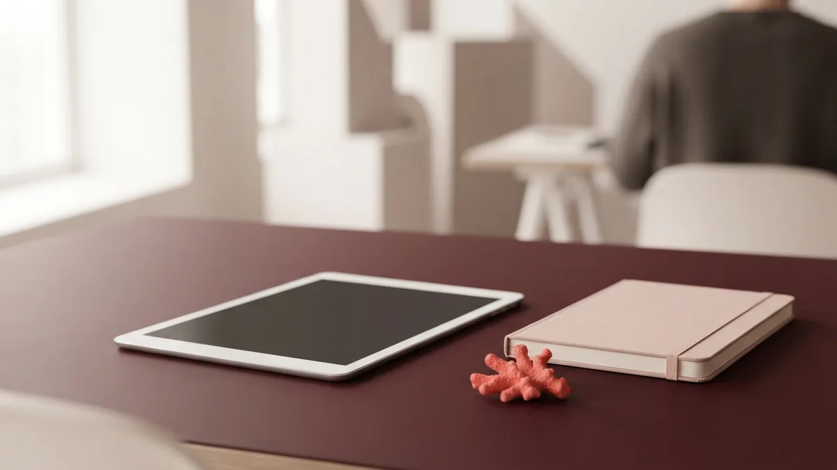 Simple creator workspace with a blank tablet and notebook for starting affiliate marketing