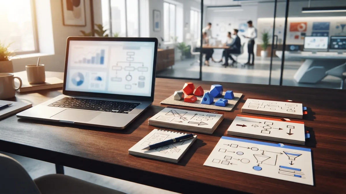 Find a focused affiliate niche Focused niche planning setup with research notes, product samples, and a laptop on a desk