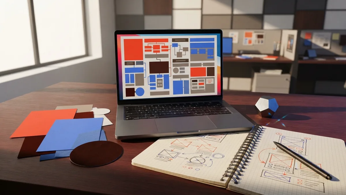 Clean website building workspace with laptop, domain planning notes, and design materials