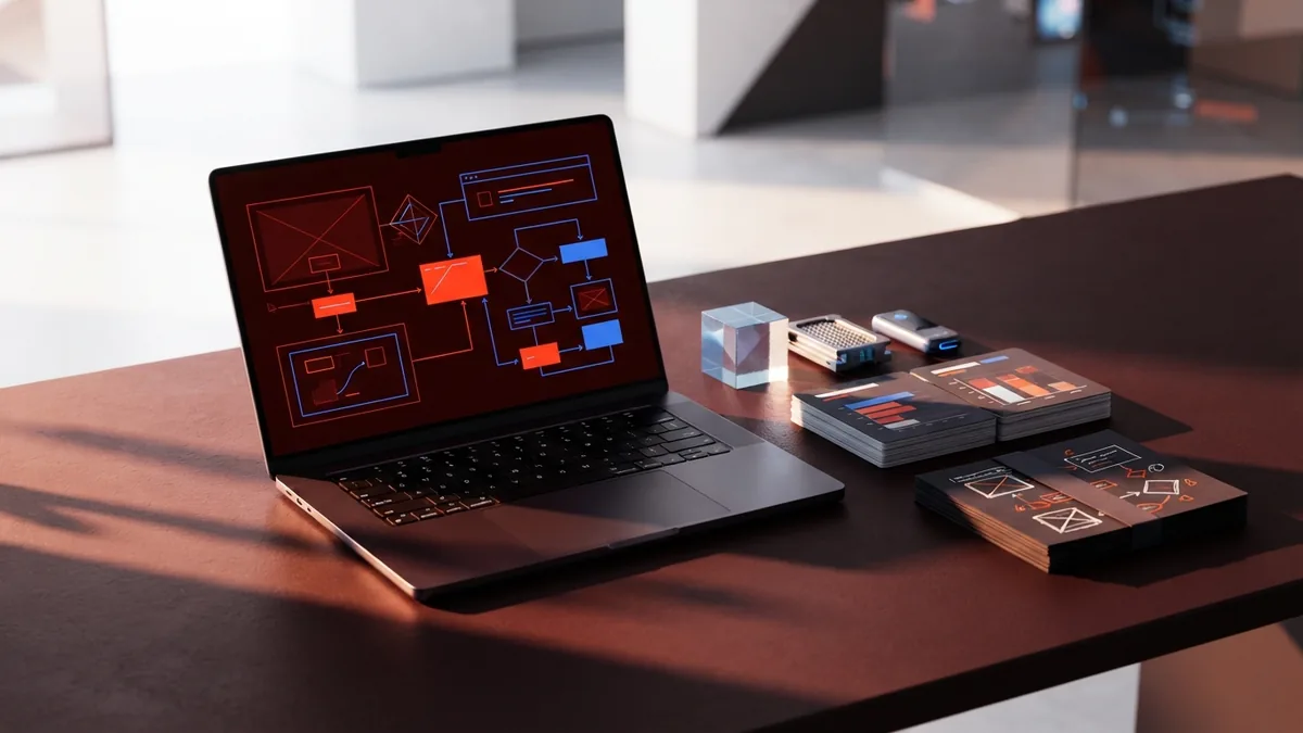 Product comparison planning desk with laptop, sample goods, and organized partner notes