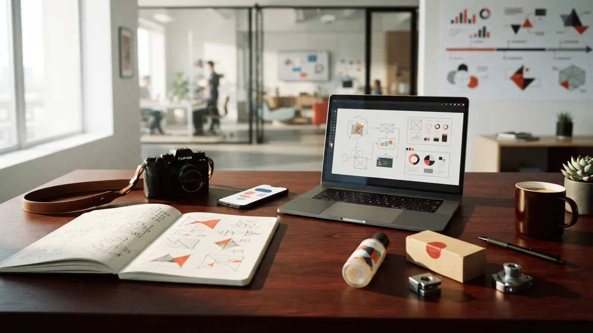 Creating useful affiliate content Content planning desk with notebook, camera, phone, and laptop for affiliate guides