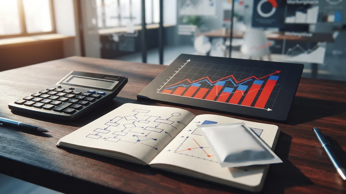 Escena de planificación de comisiones con calculadora, gráfico de ventas y paquete de producto