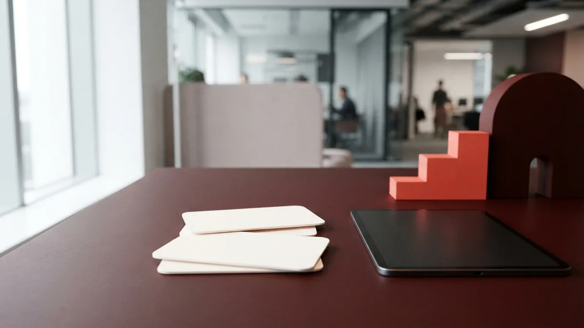 Tidy desk with blank cards and rising coral steps for affiliate rate reviews